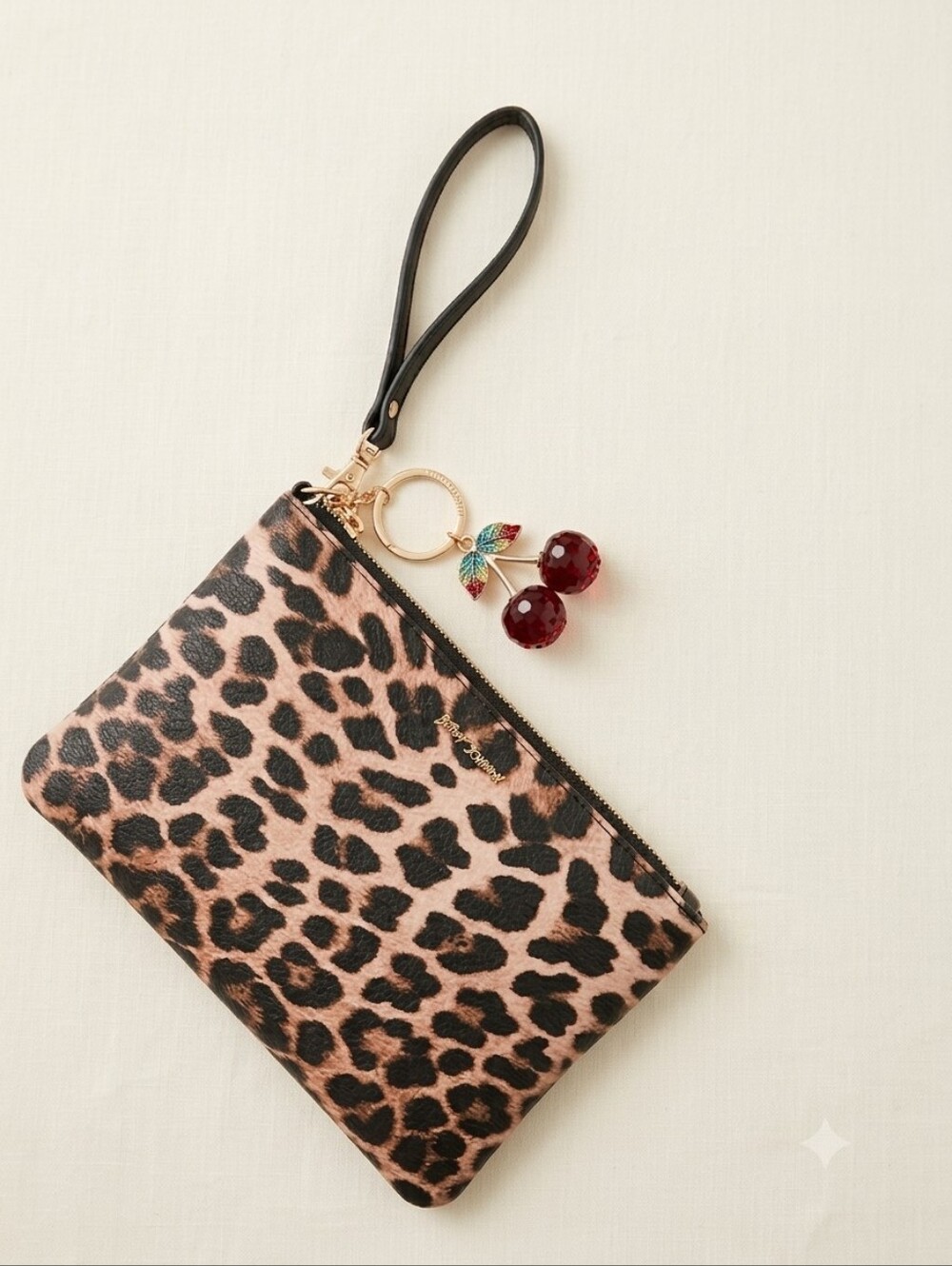 Betsey Johnson Y2K Leopard Wristlet Purse Cherry Charm Rockabilly